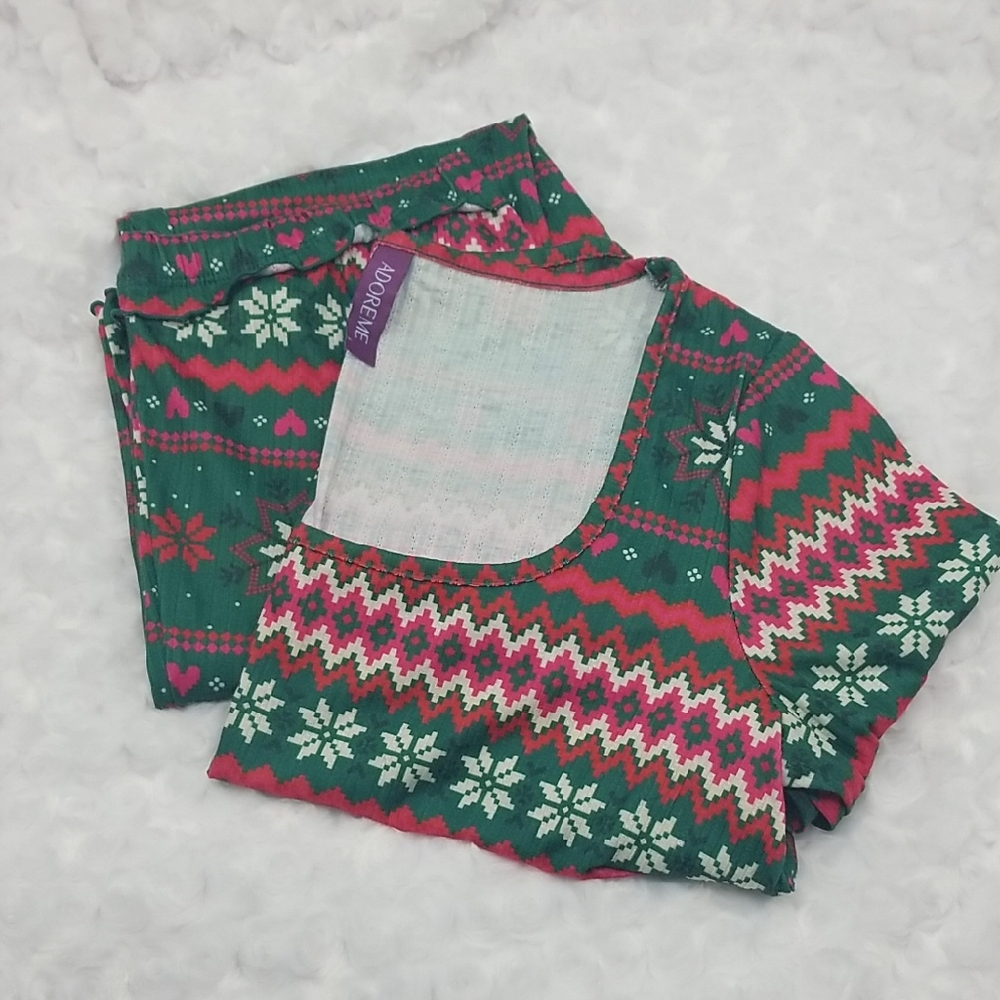 Adore Me 2 Piece Holiday Green, Pink, Red & White Fair Isle Pajamas